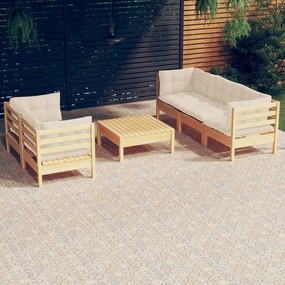 vidaXL 6 pcs conjunto lounge jardim c/ almofadões cor creme pinho