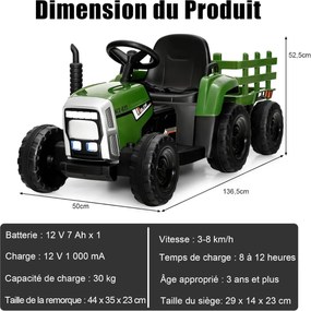 Trator elétrico infantil com reboque, 3 velocidades, luzes LED, música USB, Bluetooth e controle 2.4G, carga de 30 kg, verde militar