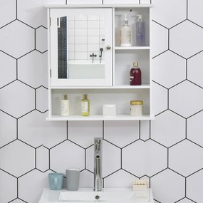 Gabinete de banheiro com grande espelho com prateleira ajustável interna e prateleiras abertas 60x18x63 cm Branco