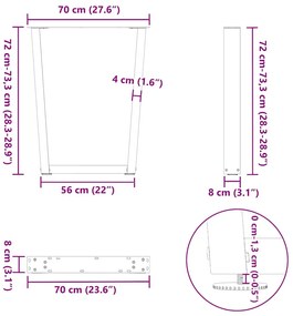 Pés para mesa de jantar em formato de V, 2 peças, aço natural, 70x(72-