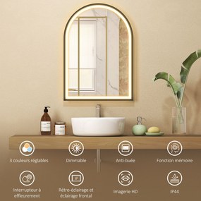 Espelho de casa de banho com iluminação, 50 x 70 cm, espelho LED arqueado, antiembaciamento, 3 cores de luz, intensidade regulável, memória, preto