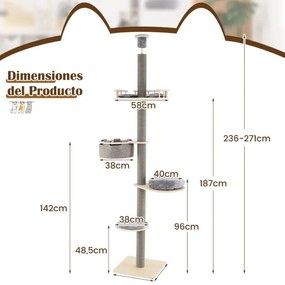 Arranhador para gatos do chão ao teto com altura ajustável de 236-271 cm com plataformas, almofadas, rede e poste para arranhar cinza.