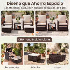 Conjunto de 5 Peças, 2 Cadeiras de Jardim, Mesa Auxiliar e 2 Apoios para os Pés, 45,5 x 45,5 x 43 cm, Almofadas de Alta Densidade, Bege