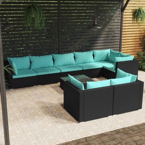 vidaXL 9 pcs conjunto lounge de jardim c/ almofadões vime PE preto