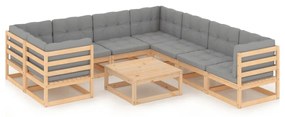 vidaXL 9 pcs conjunto lounge de jardim c/ almofadões pinho maciço