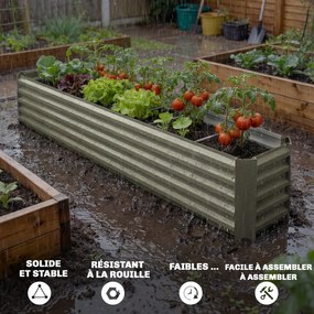 Floreira de horta elevada em aço galvanizado 240 x 40 x 45 cm, com barras de suporte e placas de canto, fundo aberto, cinzento prateado