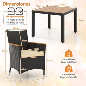 Conjunto de jantar de Jardim de 5 peças para 4 pessoas Conjunto de rattan com orifício para guarda-sol, almofadas e superfície em acácia Preto