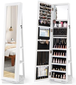 Armário de joias giratório 360°, organizador autônomo com espelho e prateleiras traseiras, 3 caixas e 2 bolsos com zíper, marrom rústico