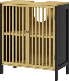 Móvel de lavatório 60 x 30 x 70 cm (NÃO INCLUIDO) com 2 portas e prateleira ajustável , armário de arrumação para lavatório em preto, natural
