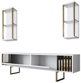 Móvel de TV "Gold" com 2 Prateleiras de Parede – Branco e Dourado - 18