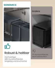 Caixote do lixo encastrar 48,6 x 25,4 x 44 cm com dois compartimentos e sistema de separação de lixo extraível, cinzento