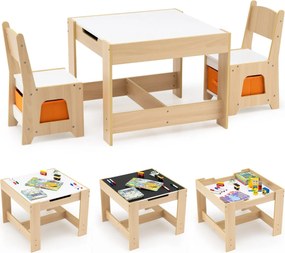 Conjunto de mesa e duas cadeiras infantis com tampo duplo, gavetas de tecido e estrutura de madeira para desenhar, ler ou brincar Natural