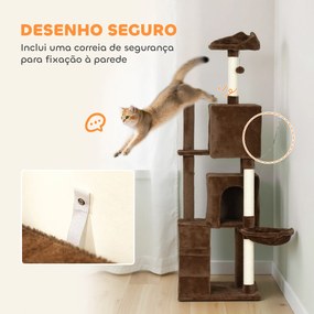 Arranhador para Gatos com Múltiplas Plataformas Cama 2 Cavernas Rede Escada Postes de Sisal 48x48x160 cm Castanho