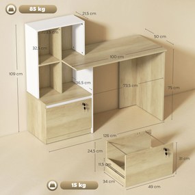 Secretária de computador 126 x 50 x 109 cm com estante de 4 compartimentos e gaveta com fechadura, cor carvalho e branco