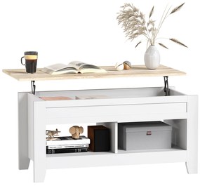 HOMCOM Mesa de Centro com Bancada Elevável 2 Compartimentos Abertos Bancada de Madeira 105x50x49 cm Branco e Madeira | Aosom Portugal
