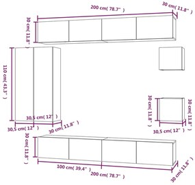 8 pcs conjunto móveis TV derivados de madeira cinzento sonoma