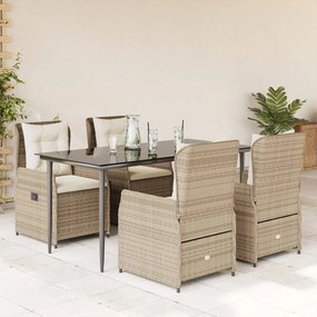 5 pcs conjunto de jantar p/ jardim com almofadões vime PE bege