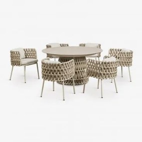 Conjunto De Mesa Redonda Ø140 Cm Em Cerâmica E 6 Cadeiras De Jardim Com Apoios De Braços Em Alumínio E Corda Trançada Tevary Tapioca Bege & Tela Bege