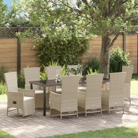 vidaXL Conjunto de Jantar de Jardim de 9 Peças com Almofadas Bege Rattan Sintético