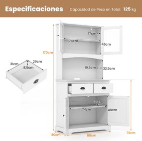 Armário de cozinha com portas de vidro temperado Estantes e gavetas ajustáveis Branco