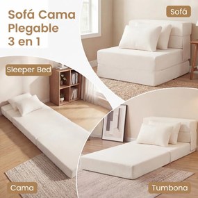 Sofá-cama futon dobrável 3 em 1 com 2 almofadas, em tecido de chenille , para sala, quarto ou escritório bege