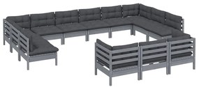 13 pcs conjunto lounge de jardim c/ almofadões pinho cinza