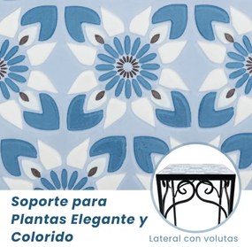 Conjunto de 3 suportes para plantas de metal pintados para vasos de flores com azulejos de mosaico para casa e varanda azul
