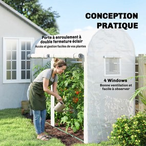 Estufa de jardim  300 x 100 x 200 cm, pequena estufa de varanda em lona de PE com estrutura de aço, portas e janelas de enrolar, branca