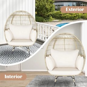 Cadeira Ovo de vime para jardim com capacidade para 205 kg e 4 almofadas Estrutura metálica robusta 110 x 82 x 145 cm Castanho claro