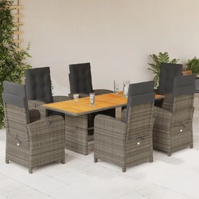 7 pcs conjunto de jantar p/ jardim c/ almofadões vime PE cinza