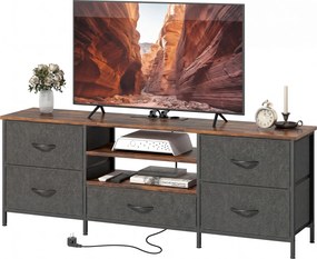 Móvel para televisão 140 x 30 x 50 cm, móvel para televisão de 65 polegadas, estação de carregamento, 5 gavetas em tecido, prateleiras abertas, castan