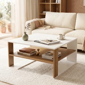 Mesa de Centro, 75 x 75 x 40 cm, Estante Inferior Espaçosa, Natural e Branco