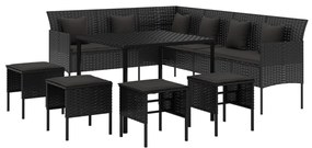 6 pcs conjunto de jantar p/ jardim c/ almofadões vime PE preto