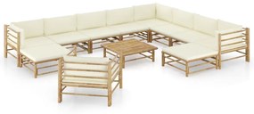 vidaXL 12 pcs conj. lounge jardim em bambu c/ almofadões branco nata