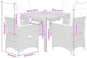 5 pcs conjunto de jantar p/ jardim c/ almofadões vime PE preto