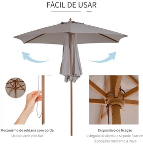 Chapéu de Sol de Madeira Ø250x230 cm para Exterior com 6 Hastes Sistem