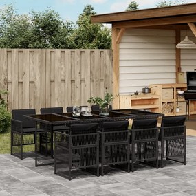 9 pcs conjunto de jantar p/ jardim c/ almofadões vime PE preto