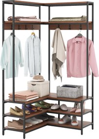 Guarda roupa aberto, móvel entrada de canto com prateleiras abertas e ganchos Banco para sapatos Estrutura metálica sólida 90 x 90 x 178 cm Cor Noguei