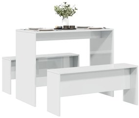 vidaXL 3 pcs conj. mesa jantar e banco deriv. madeira branco brilhante