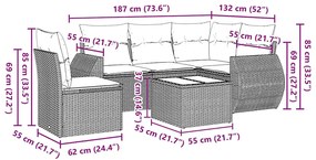6 pcs conjunto sofás de jardim c/ almofadões vime PE preto