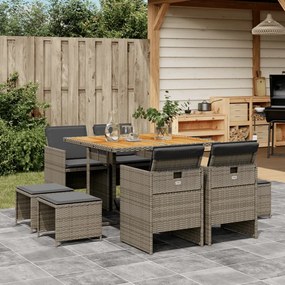 vidaXL 9 pcs conjunto de jantar p/ jardim c/ almofadões vime PE cinza