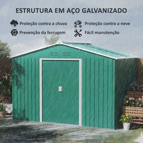 Abrigo de Jardim Exterior 4,9 m² 277x195x192cm Abrigo e Jardim Metálico para Armazenamento de Ferramentas Verde Escuro