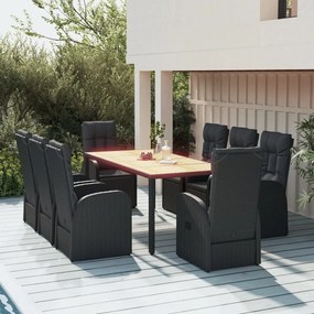 vidaXL 9 pcs conjunto de jantar p/ jardim c/ almofadões vime PE preto