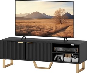 Móvel de TV 140 x 39 x 47 cm para televisores até 70 polegadas – armário com 2 portas caneladas, compartimento aberto preto