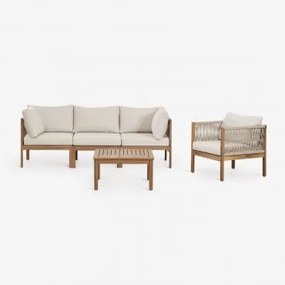 Conjunto De Jardim Com Sofá Modular De 3 Peças Com Apoios De Braços, Poltrona E Mesa De Centro Em Madeira De Acácia Branson Branco Gardênia - Castanho