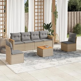 7 pcs conjunto de sofás p/ jardim com almofadões vime PE bege