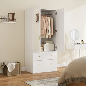 Guarda Roupa com 80x50x180 cm 2 Portas e 2 Gavetas Armário Roupeiro com Espelho Barra para Pendurar Estilo Moderno Branco