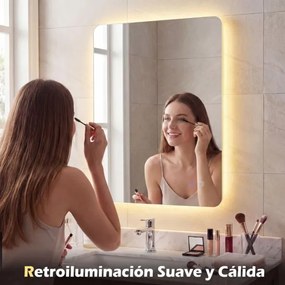 Espelho retangular de 80 x 60 cm com brilho ajustável, retroiluminado, tátil, inteligente, função de memória e design antiembaciamento Prateado