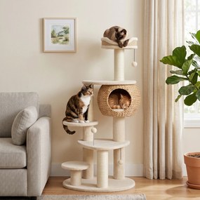 Árvore para Gatos de 4 Níveis, 60 x 48 x 132 cm, Casa em Junco Entrançado à Mão, Bege