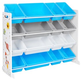 Organizador infantil 4 níveis, 16 caixas plásticas removíveis, cores branco/azul/cinzento